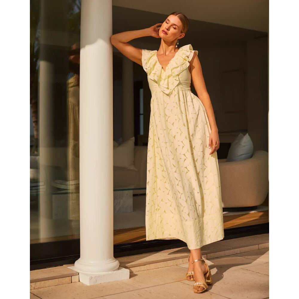 Lilly Pulitzer Ritamarie Ruffle Maxi Dress Pastel Finch Yellow Flora Faille Sz 0